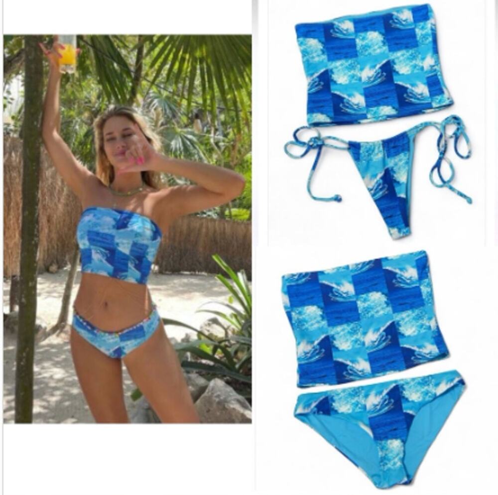 3 Piece SET Frankies Bikinis Waves Print  Blue Sz M